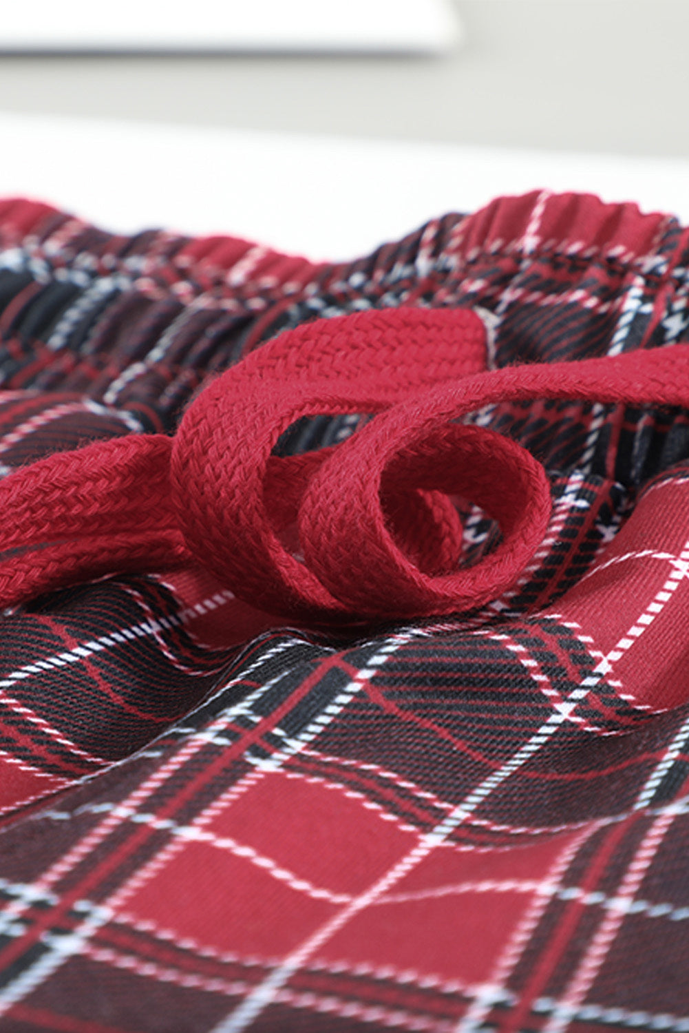 Round Neck Top and Drawstring Plaid Pants Lounge Set - felvior