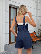 Drawstring Wide Strap Romper with Pockets
