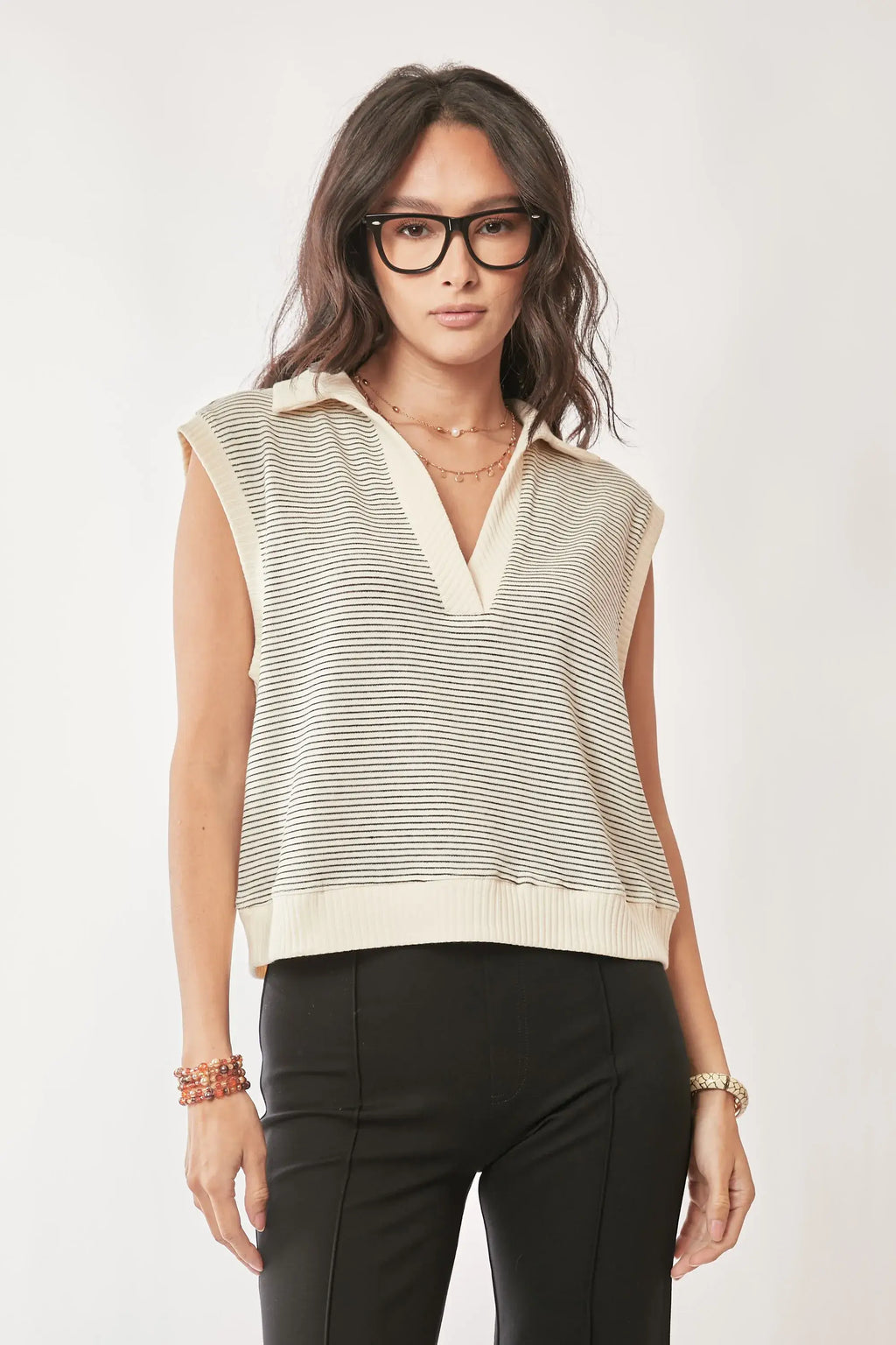 Davi & Dani French Terry Boxy Fit Striped Sweater Vest
