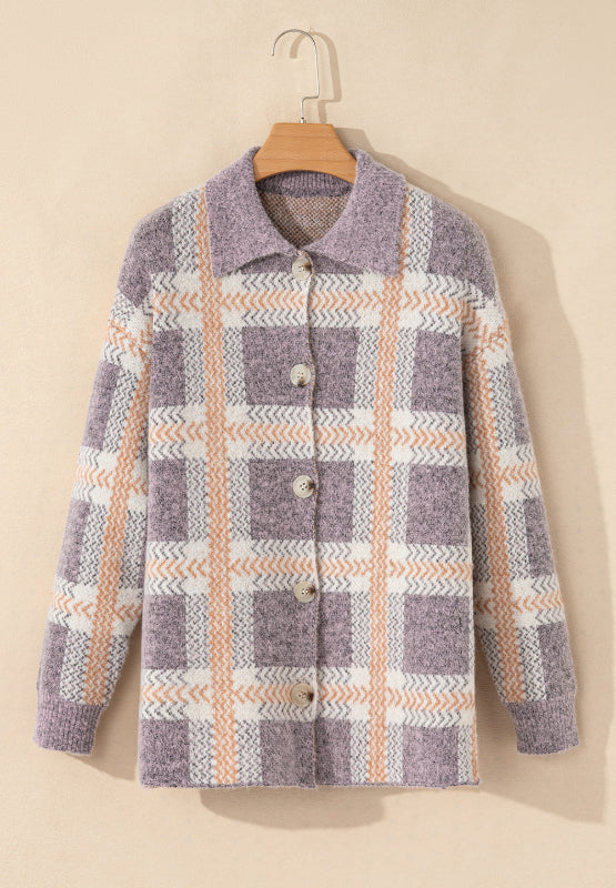 Plaid Button Up Collared Neck Cardigan - felvior