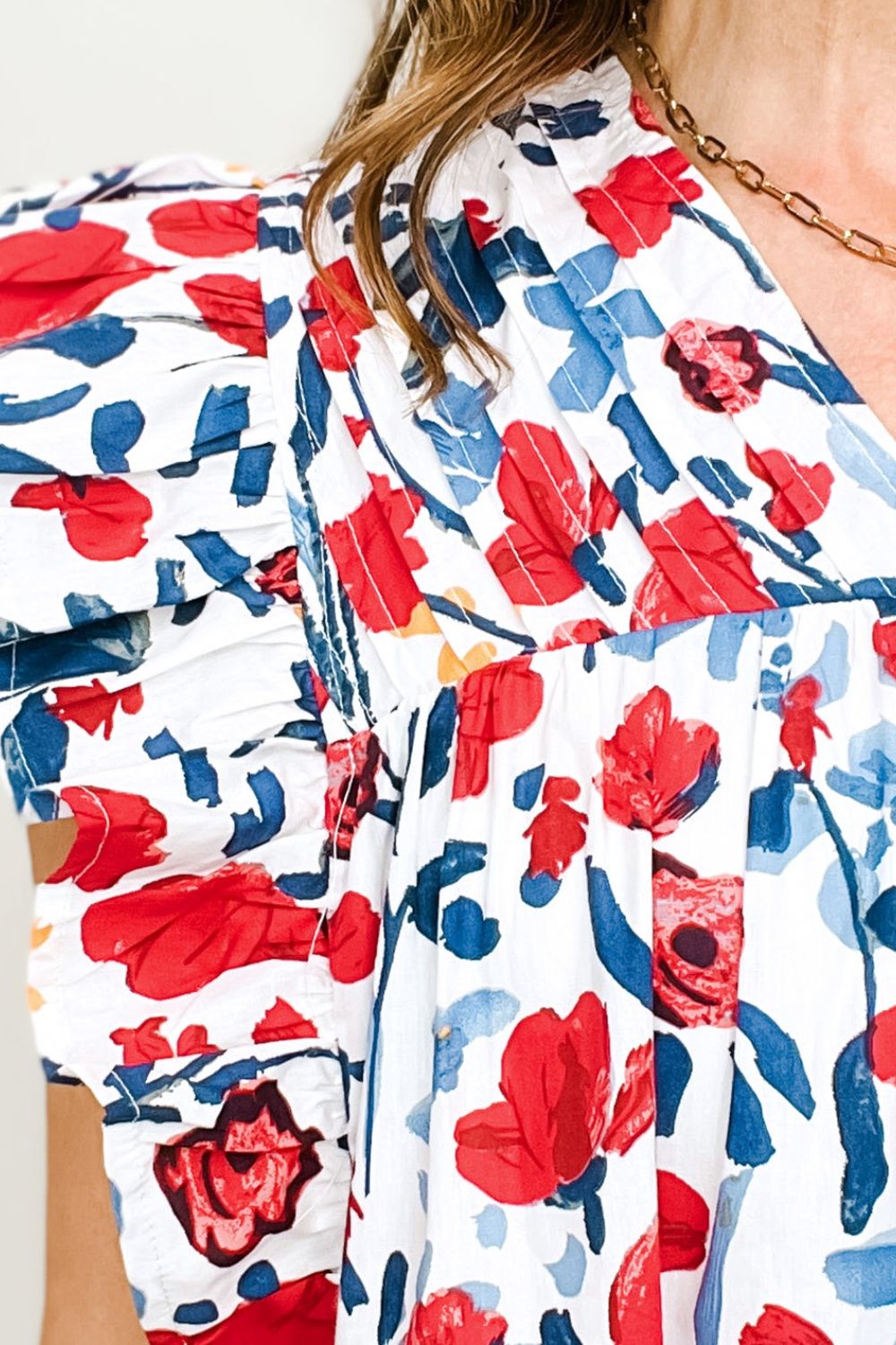Ruffled Printed V-Neck Cap Sleeve Blouse - felvior