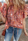 Floral Ruffled Layered Short Sleeve Tie Neck Blouse - felvior