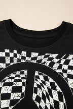 Checkered Peace Sign Round Neck T-Shirt