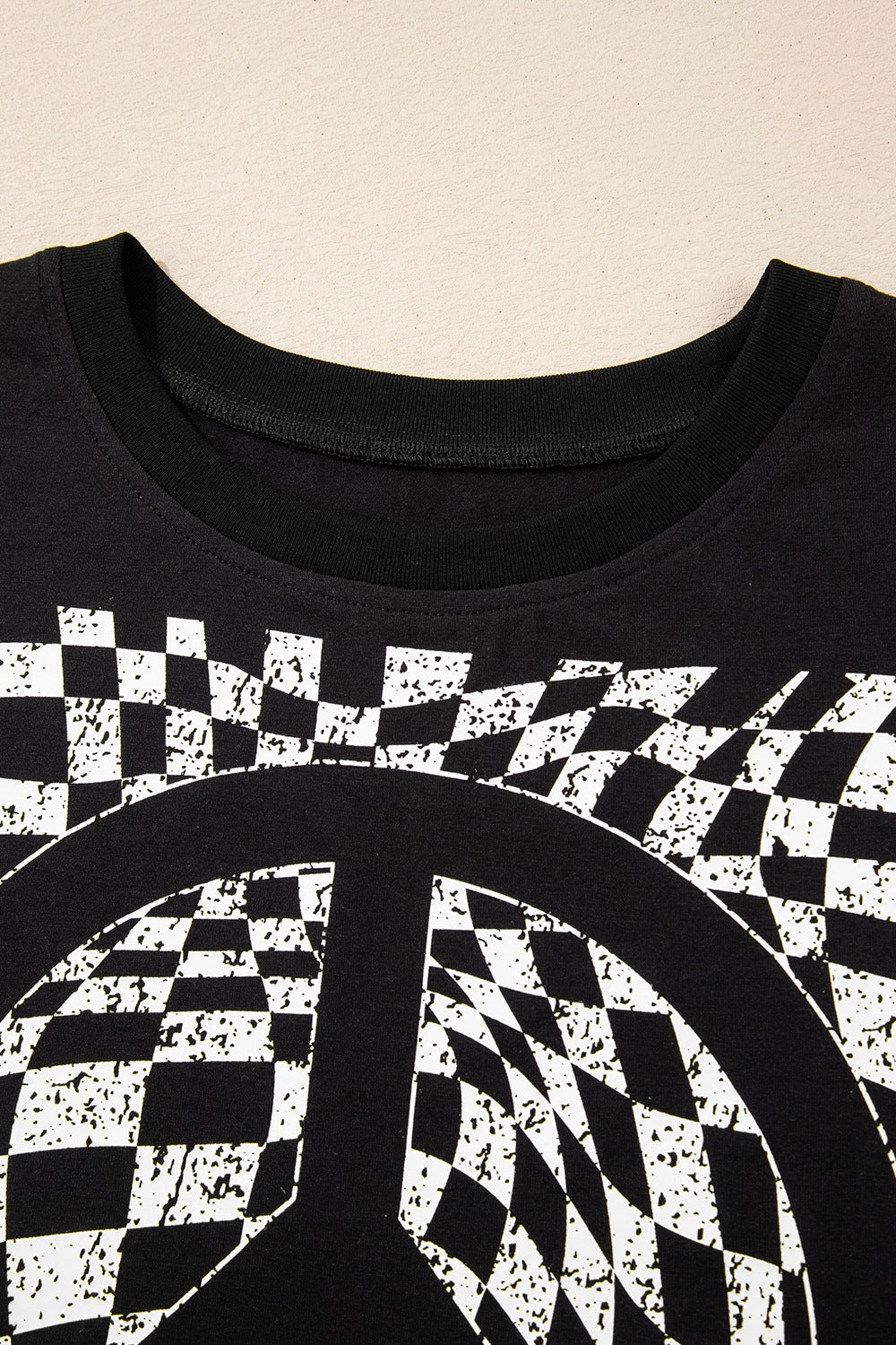 Checkered Peace Sign Round Neck T-Shirt