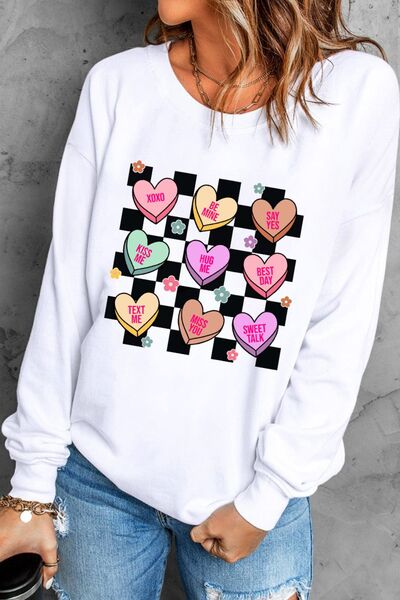 Valentine's Day Checkered Heart Long Sleeve Sweatshirt - felvior