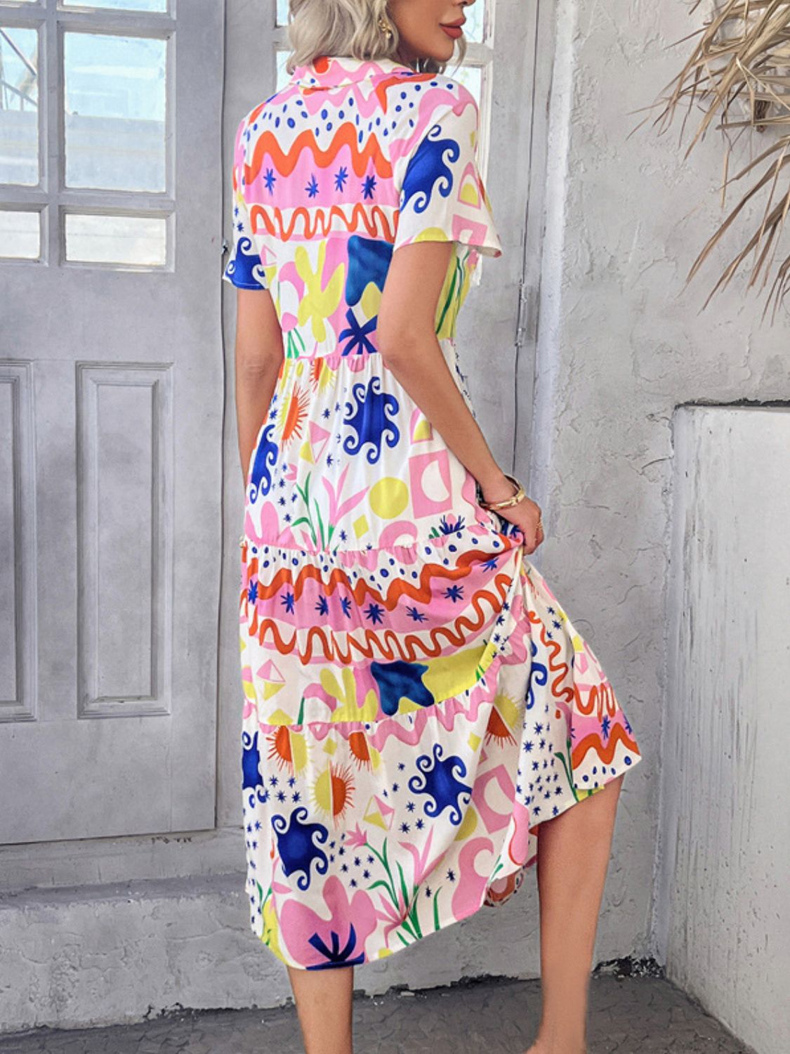 Devine Printed Johnny Collar Button Down Short Sleeve Midi Shirt Dress - felvior