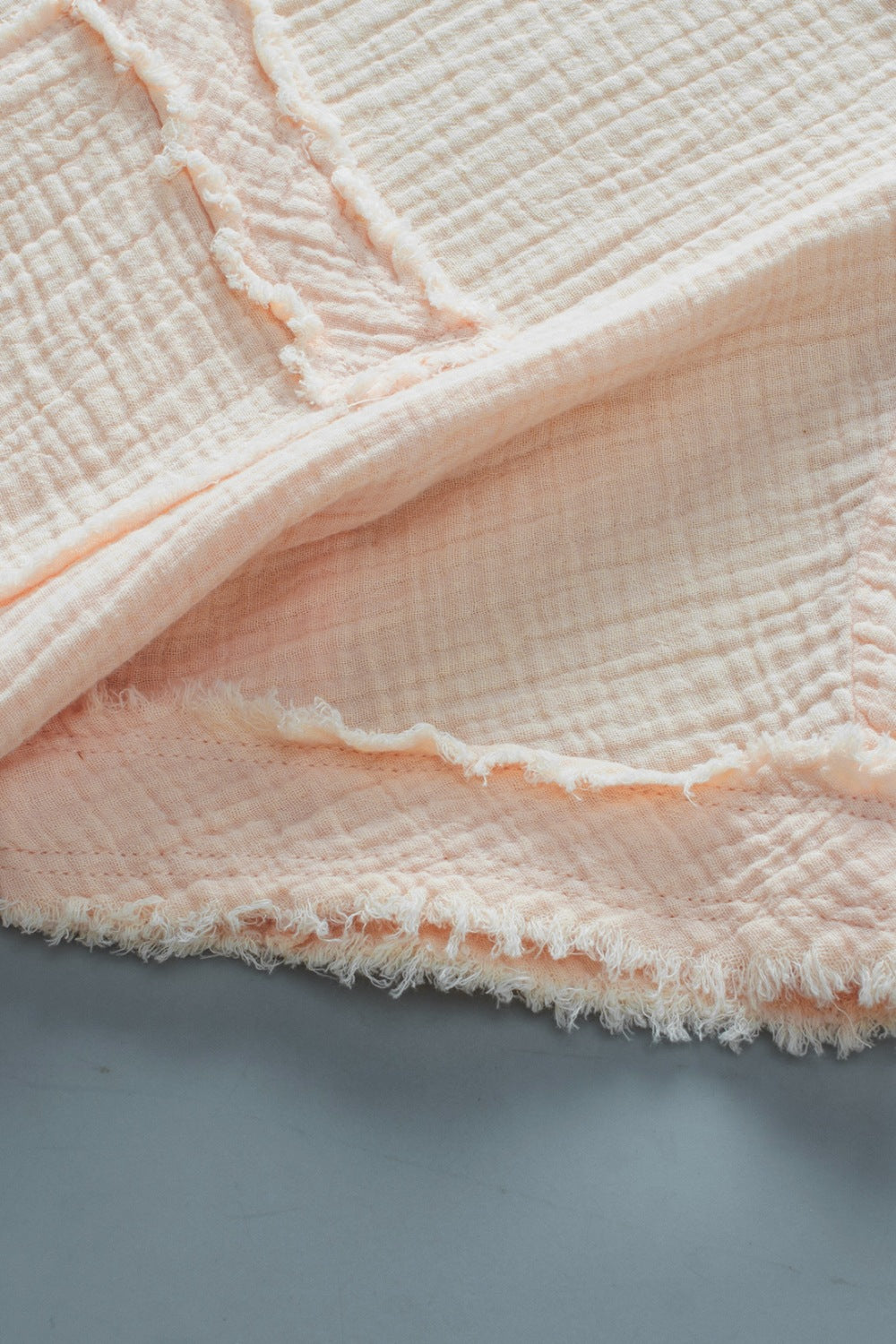 Textured Frayed Trim Half Button Short Sleeve Top