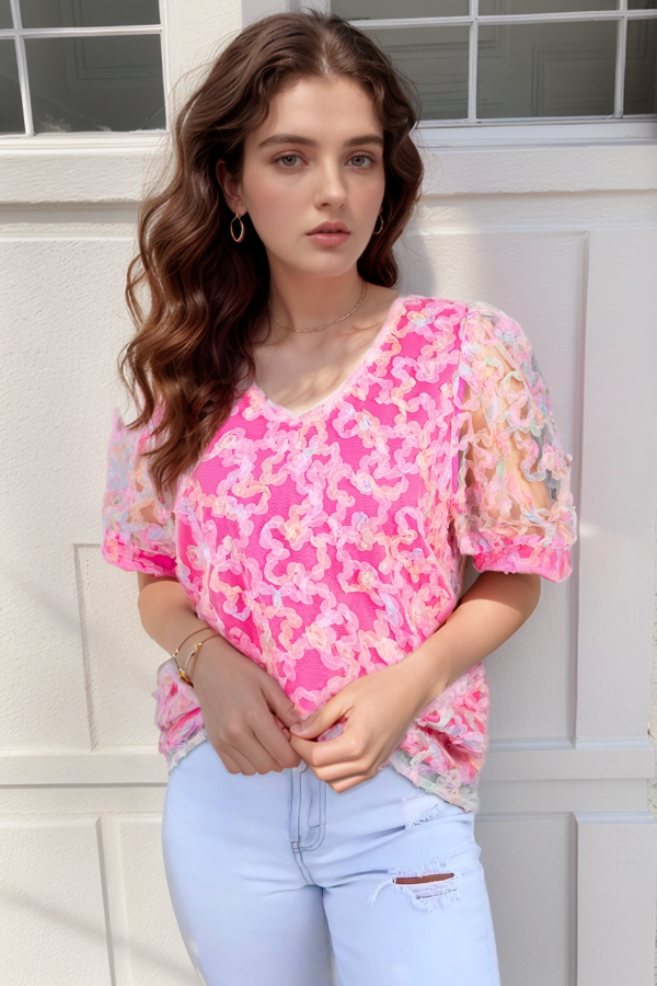 Bonbon Flowery Mesh Short Puff Sleeve Blouse - felvior
