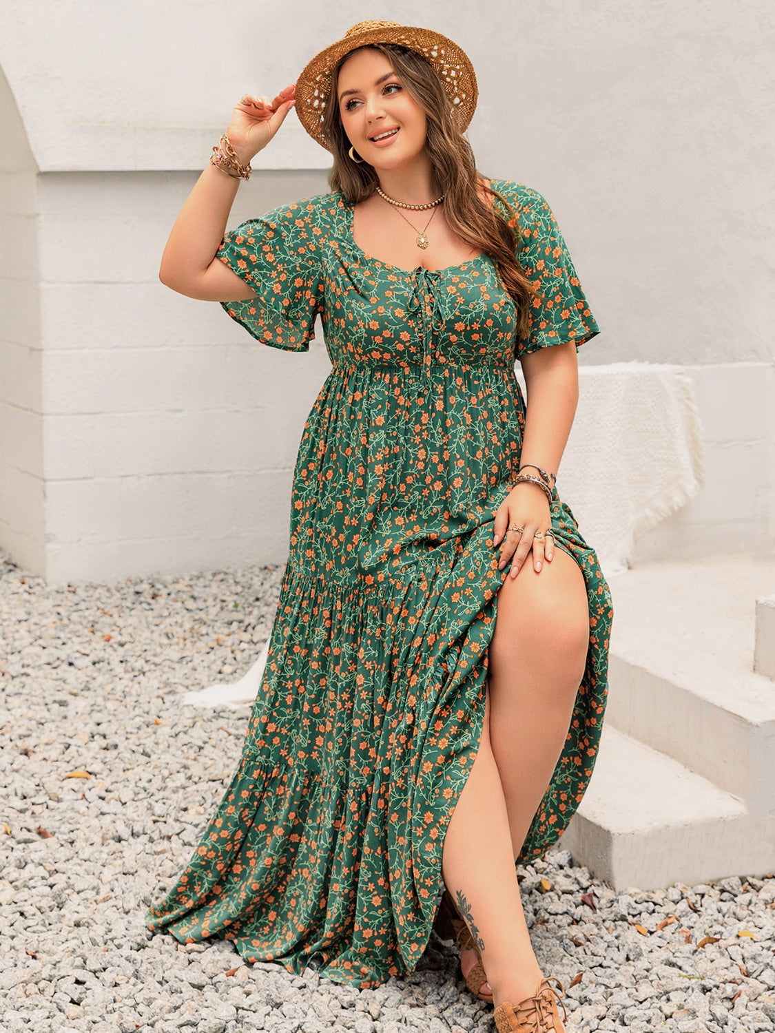 Plus Size Printed Short Sleeve Tiered Maxi Dress - felvior
