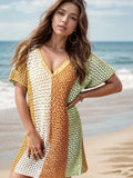 Openwork Color Block V-Neck Short Sleeve Cover-Up - felvior