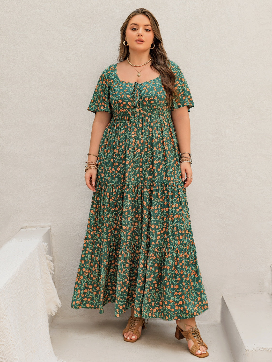 Plus Size Printed Short Sleeve Tiered Maxi Dress - felvior