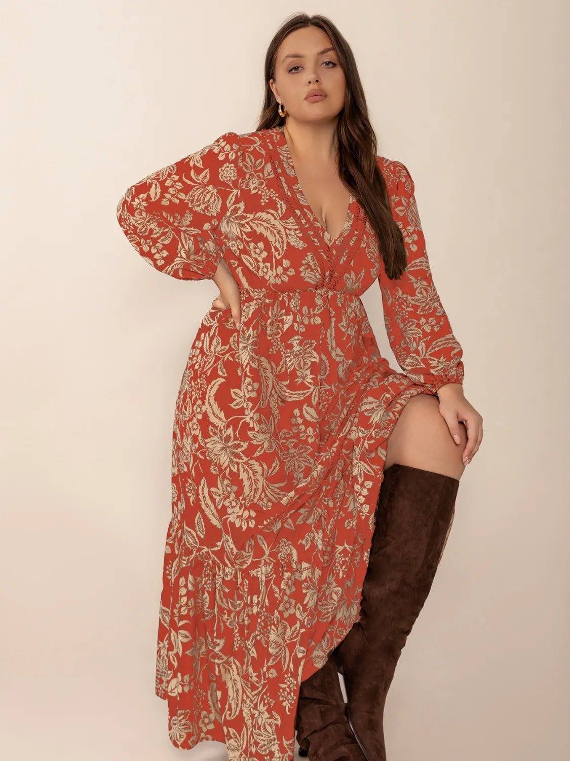 Plus Size Lace Detail Printed Balloon Sleeve Midi Dress