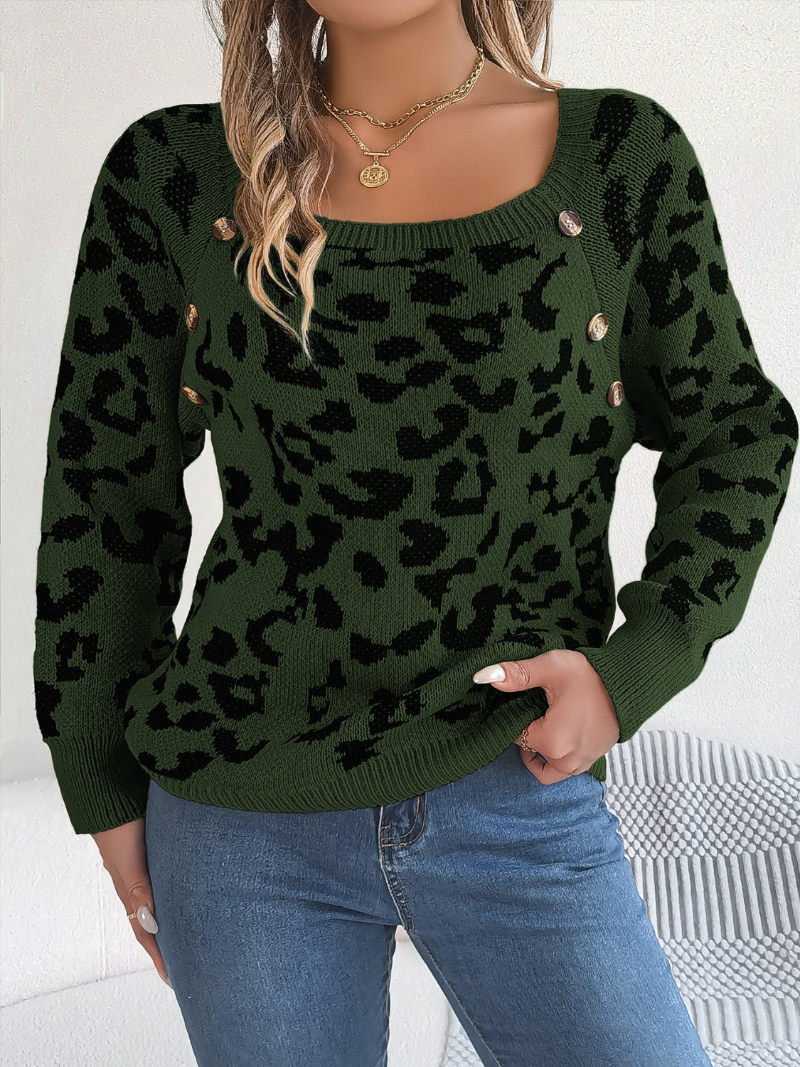 Leopard Buttoned Square Neck Sweater - felvior