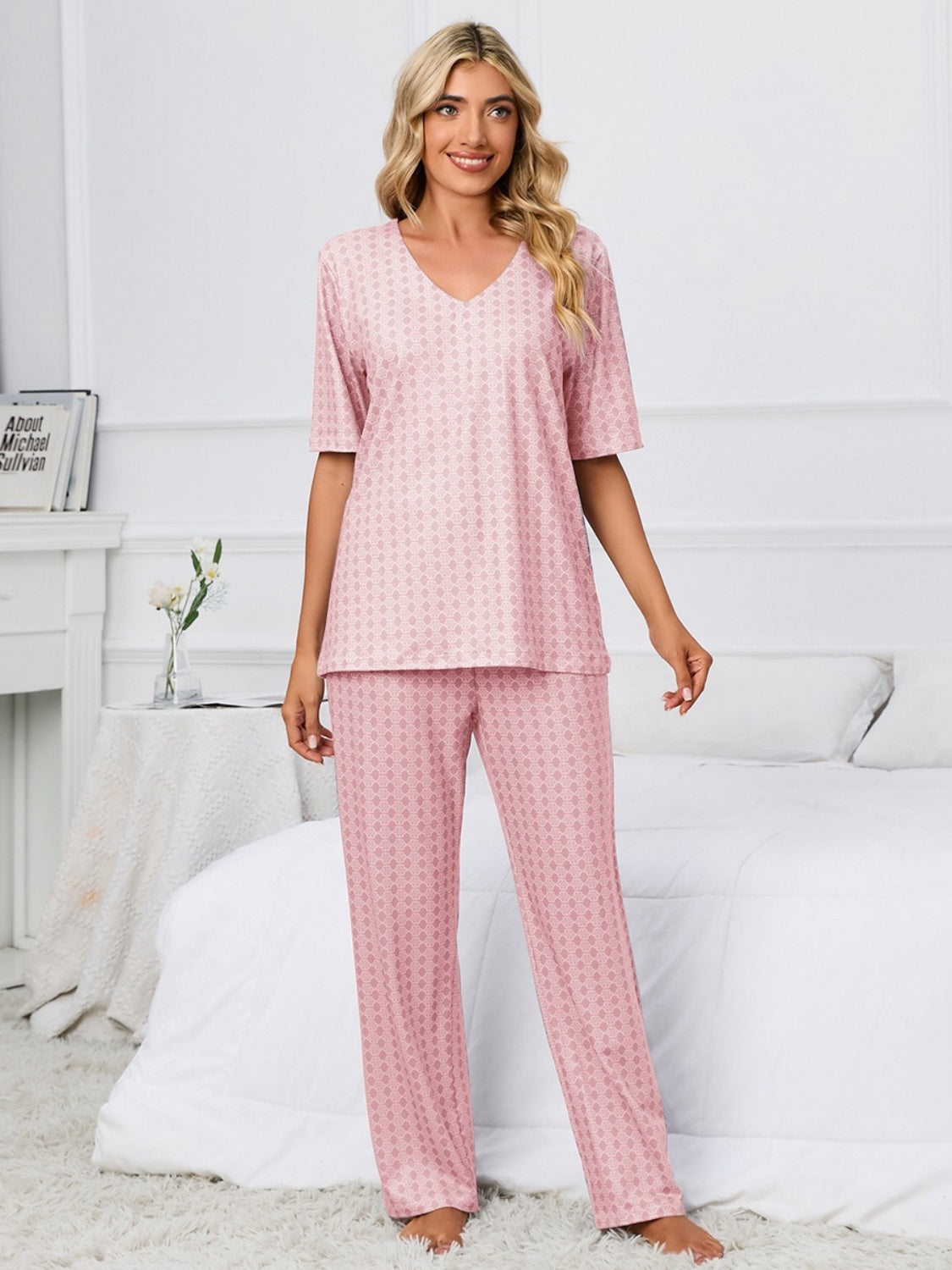 Printed V-Neck Top and Pants Lounge Set - felvior