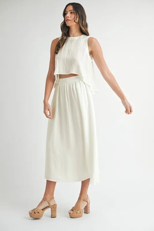 MABLE Wrinkled Round Neck Swing Top and Skirt Set - felvior