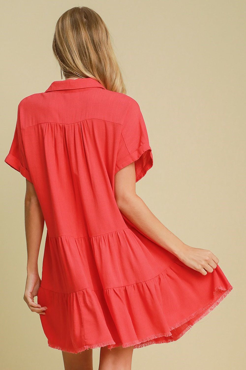 Umgee Full Size Raw Hem Folded Sleeve Tiered Dress Plus Size - felvior