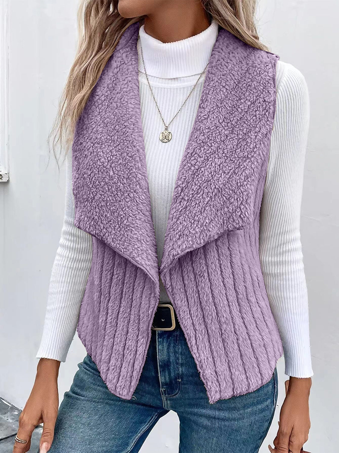 Open Front Fuzzy Vest Coat - felvior
