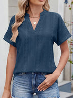 Eyelet Notched Short Sleeve Top