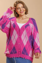 Umgee Full Size Argyle Pattern V-Neck Button Front Cardigan Plus Size
