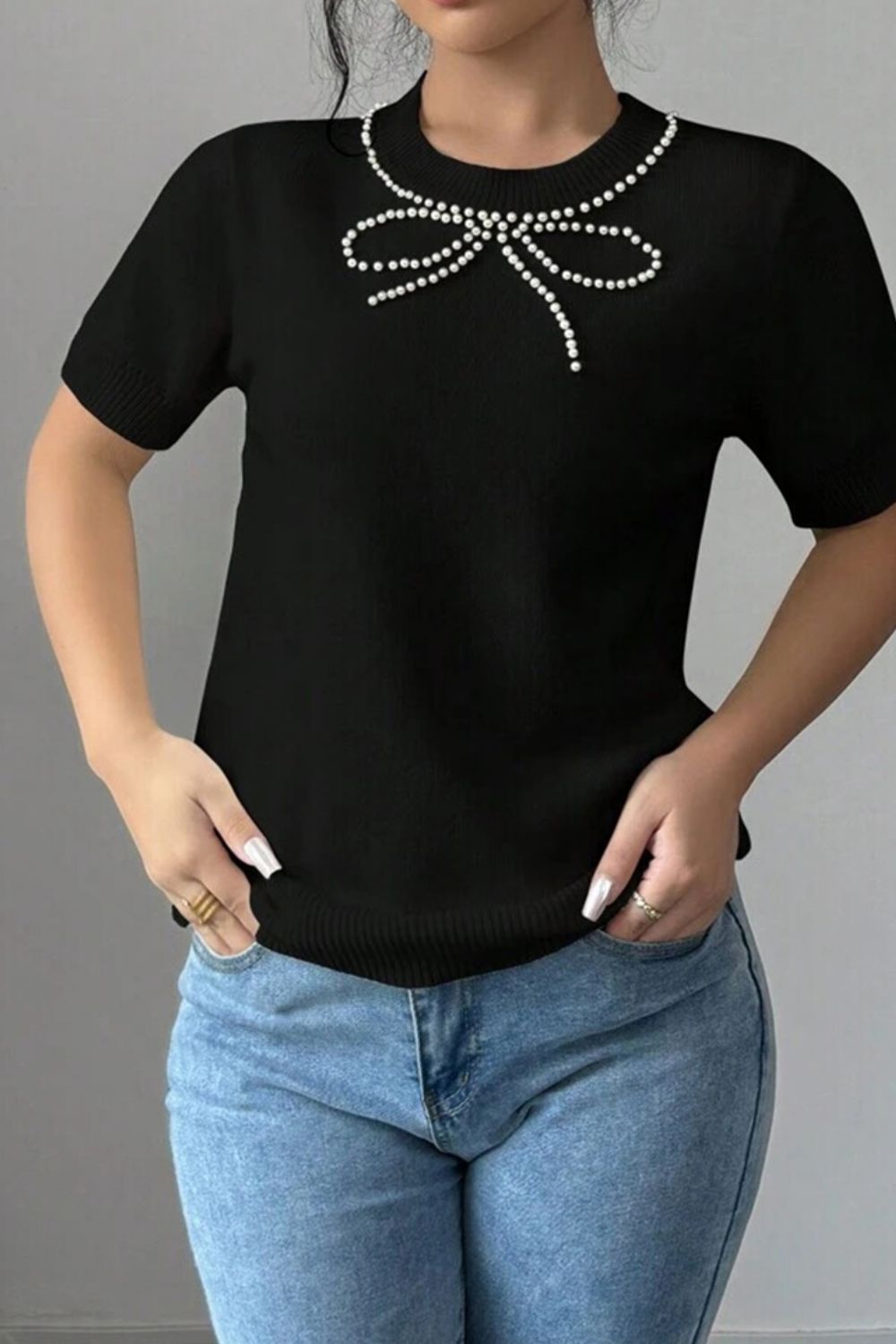 Pearl Bow Necklace Embellished Short Sleeve Knit Top - felvior
