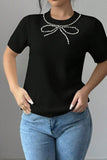 Pearl Bow Necklace Embellished Short Sleeve Knit Top - felvior