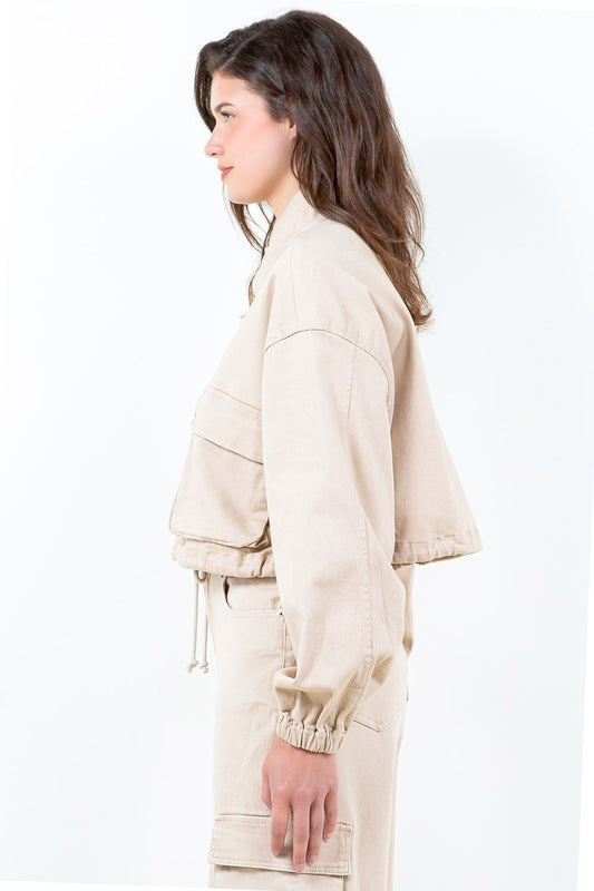 American Bazi Full Size Drawstring Hem Cargo Pocket Cropped Worker Jacket Plus Size - felvior