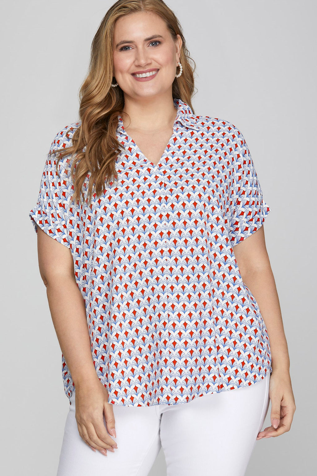 She + Sky Full Size Printed Johnny Collar Short Sleeve Blouse Plus Size