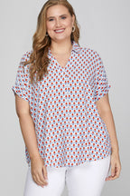 She + Sky Full Size Printed Johnny Collar Short Sleeve Blouse Plus Size