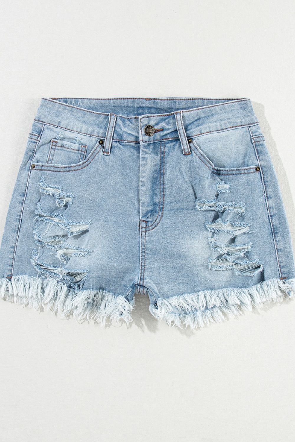 Distressed Raw Hem High Waist Denim Shorts - felvior