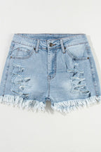 Distressed Raw Hem High Waist Denim Shorts