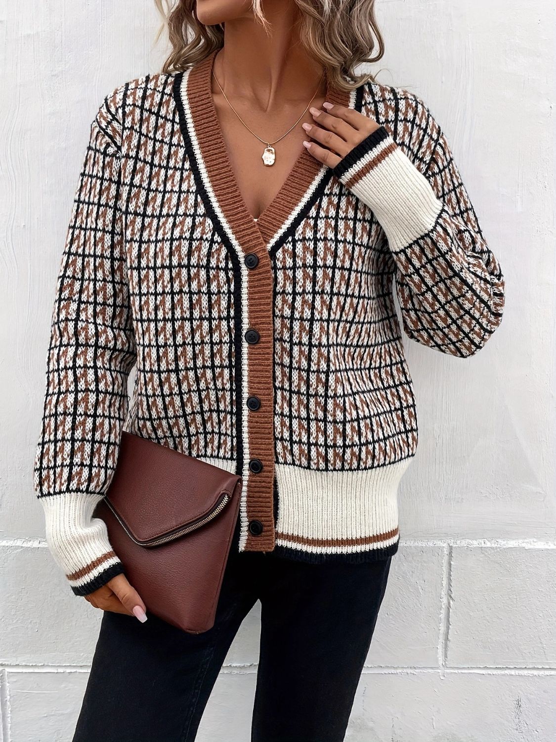 Plaid V-Neck Button Up Cardigan - felvior