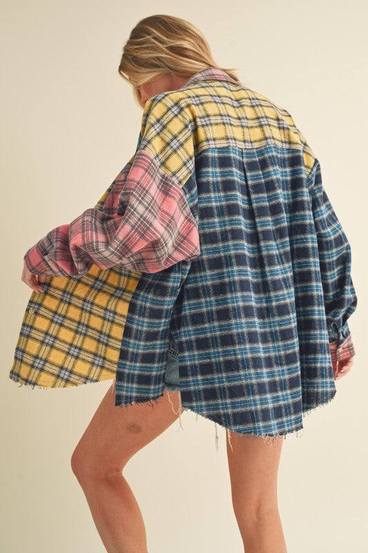 Aemi + Co Frayed Hem Color Block Plaid Drop Shoulder Shirt - felvior