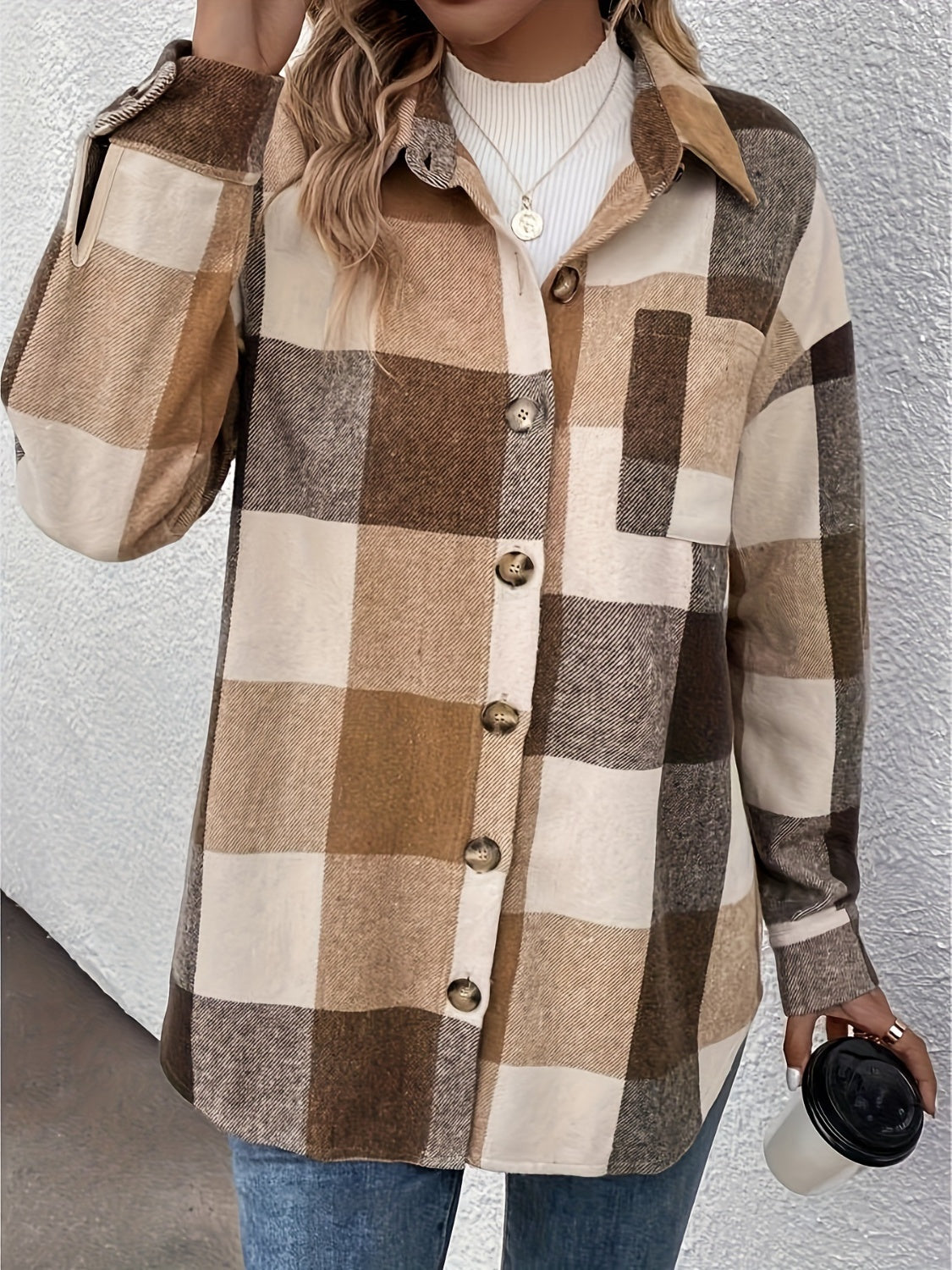 Curved Hem Plaid Collared Neck Shacket - felvior