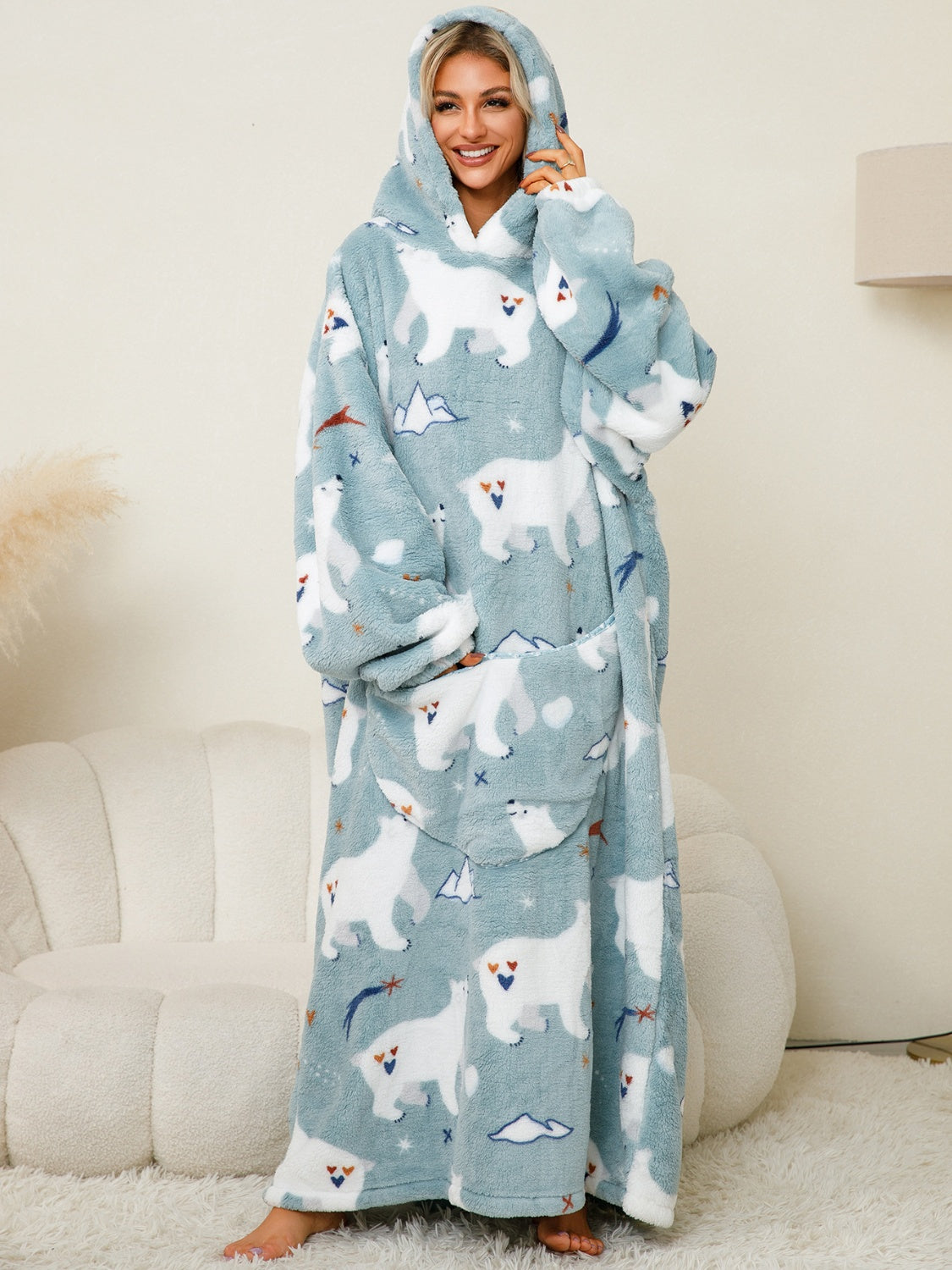 Fuzzy Pocketed Long Sleeve Hooded Lounge Dress - felvior