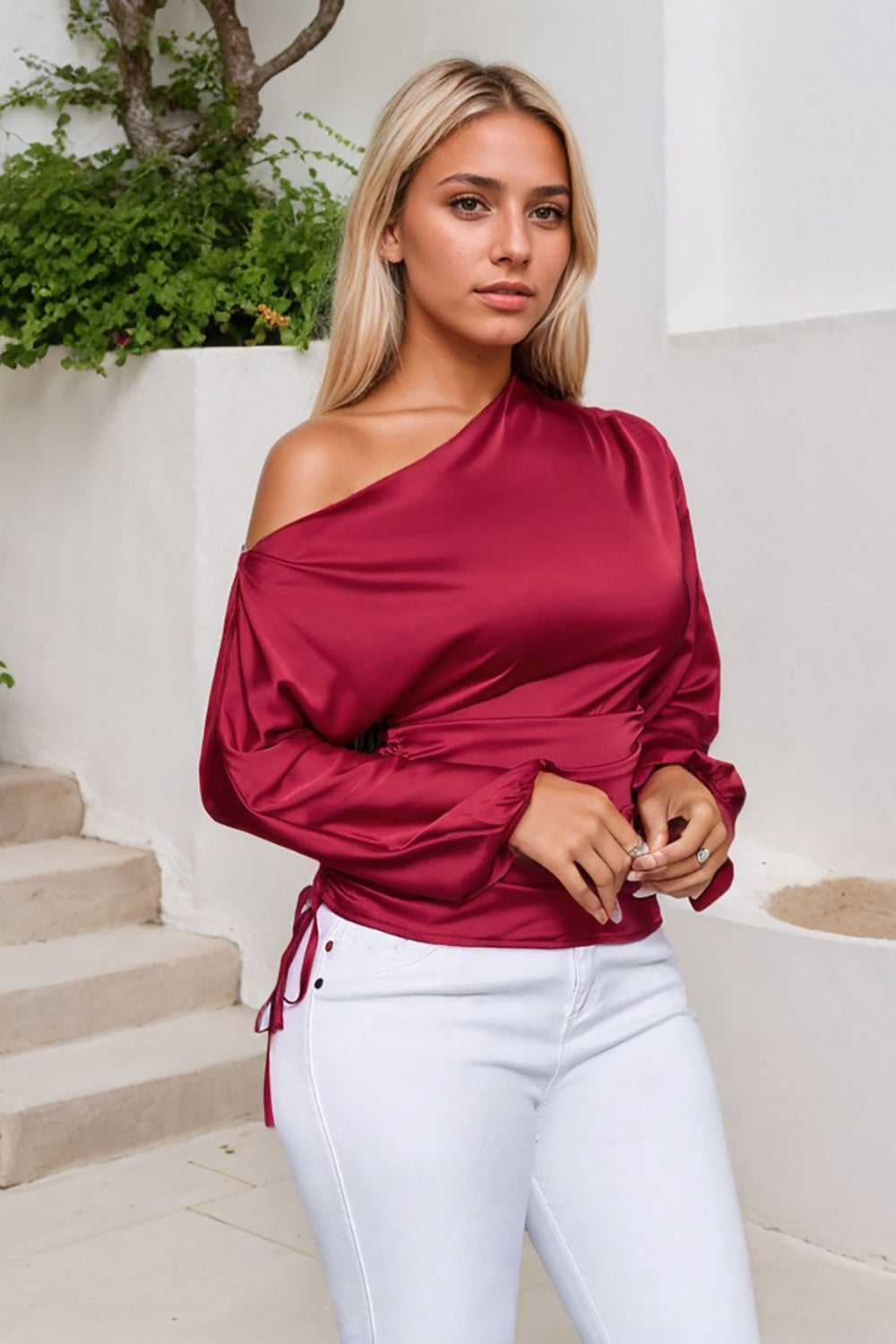 Drawstring One Shoulder Long Sleeve Blouse - felvior