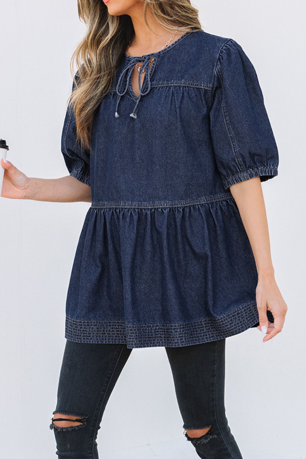 Tie Neck Babydoll Denim Top - felvior