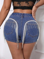 Fringe Back Denim Shorts with Pockets