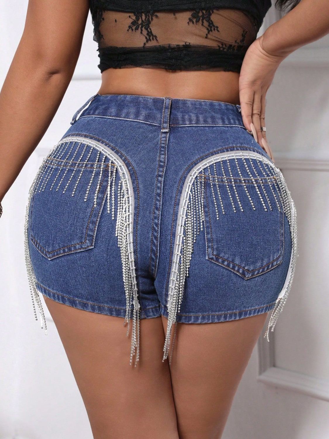 Fringe Back Denim Shorts with Pockets - felvior