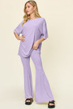Double Take Full Size Round Neck Drop Shoulder T-Shirt and Flare Pants Set - felvior