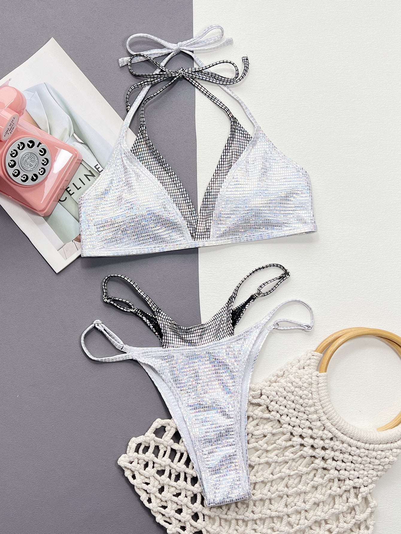 Faux Layered Halter Neck Two-Piece Bikini Set - felvior