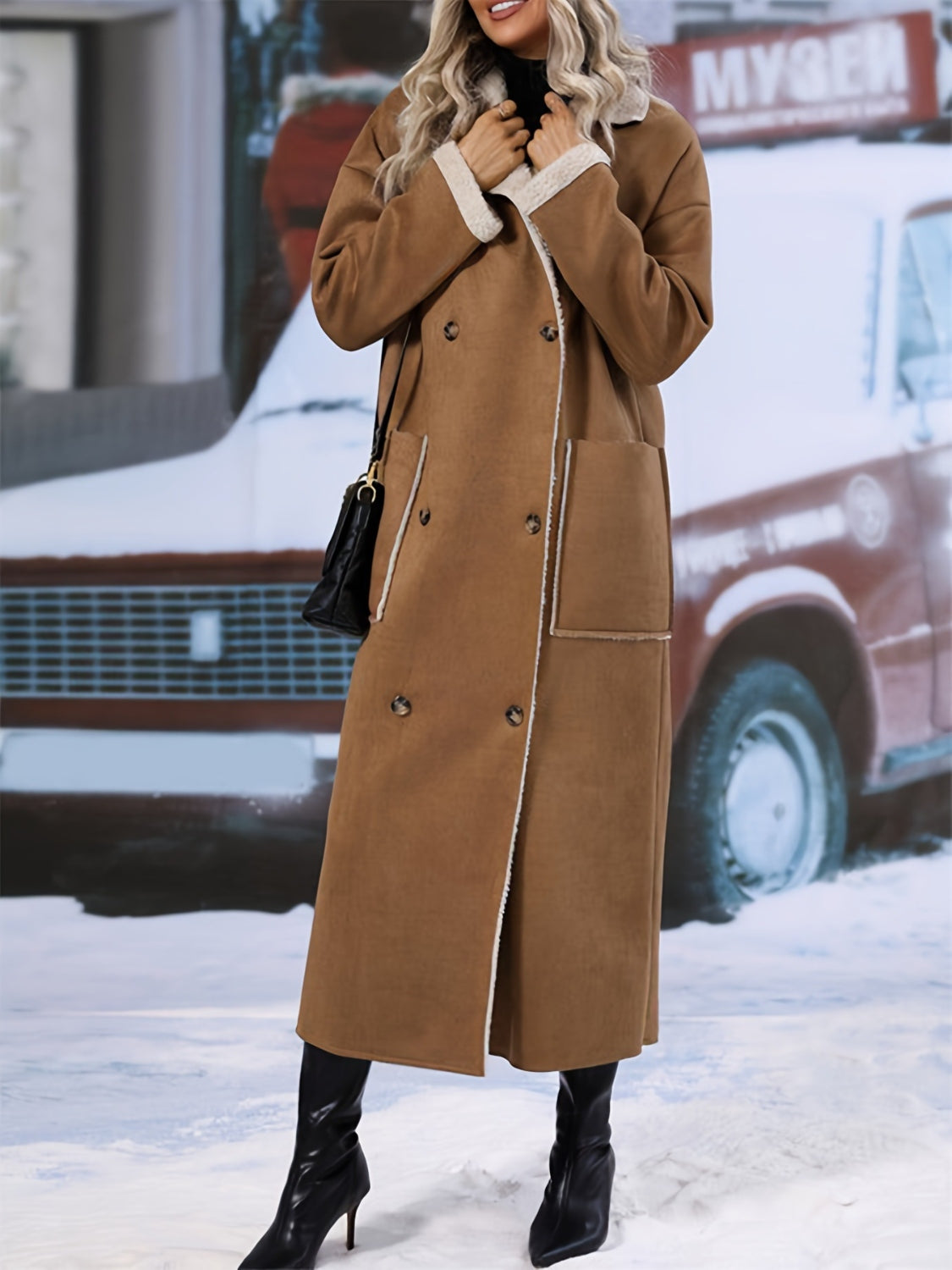 Plus Size Drop Shoulder Sherpa Longline Coat - felvior