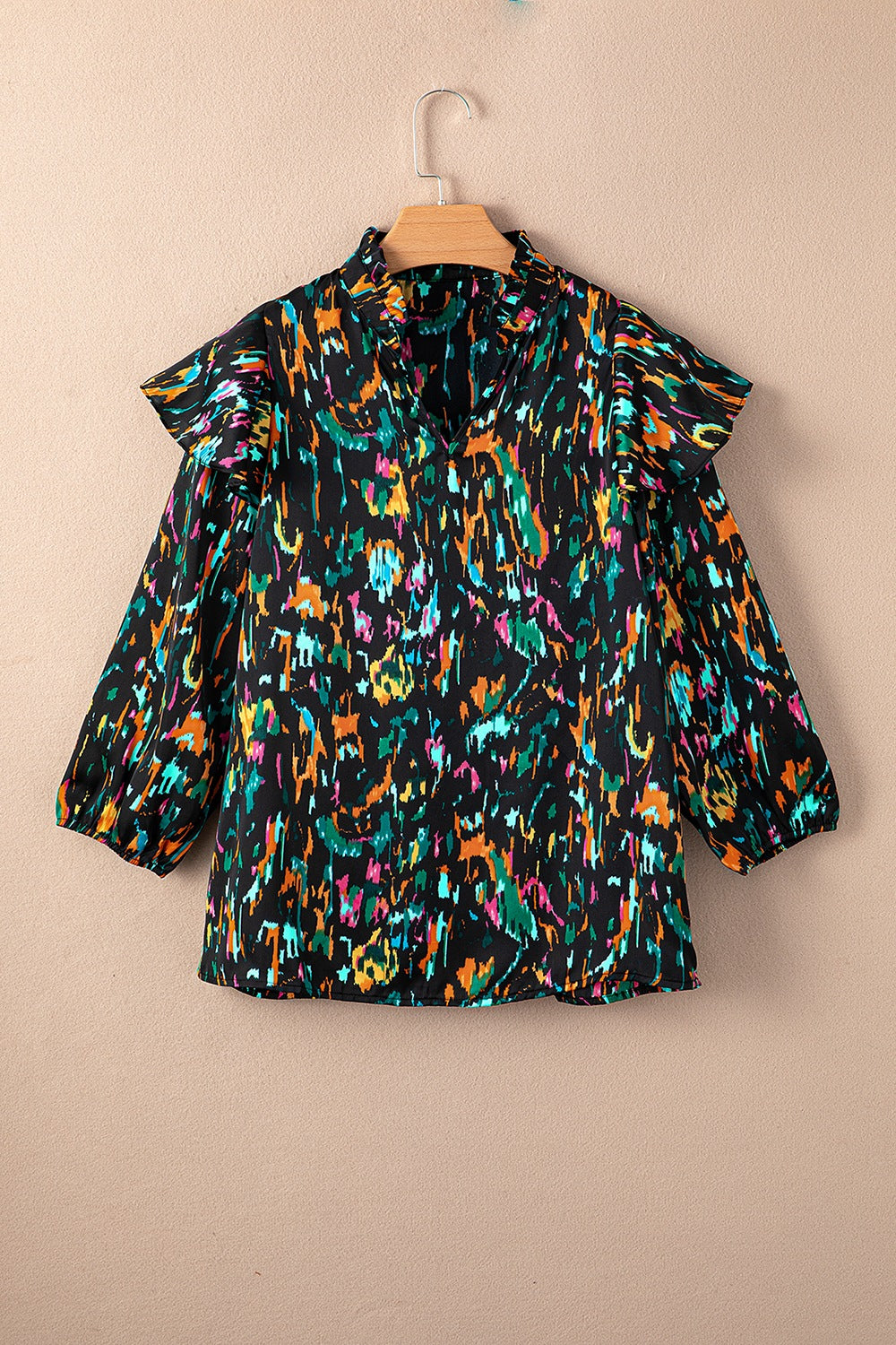 Abstract Print 3/4 Sleeve Ruffle Blouse