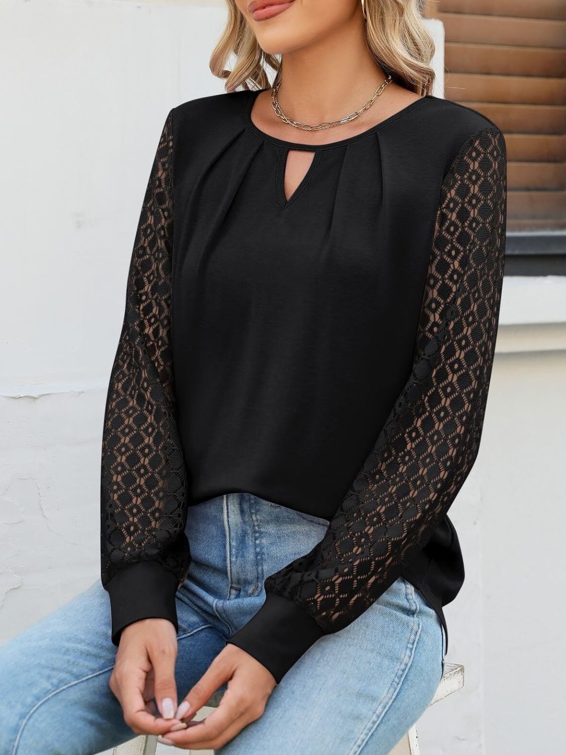 Cutout Round Neck Lace Long Sleeve Blouse - felvior