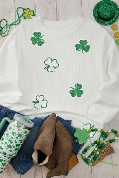 Sequin Lucky Clover Round Neck Long Sleeve Sweatshirt