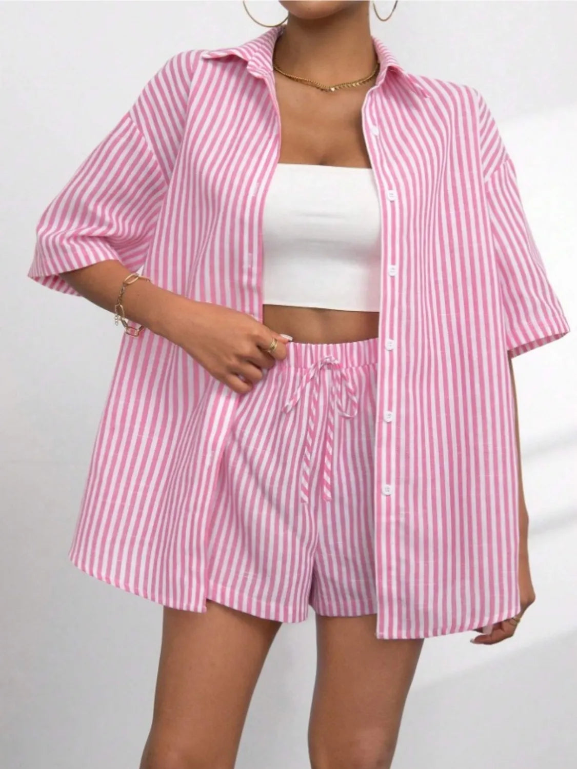 Striped Button Up Shirt and Shorts Set Main image