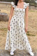 Bow Print Smocked Square Neck Ruffle Tiered Maxi Dress