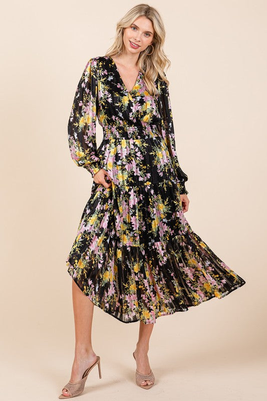 Mittoshop Flower Print Satin Lurex Stripe Smocked Midi Dress - felvior