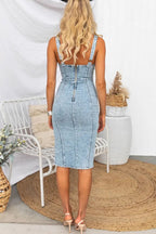 Side Slit Washed Scoop Neck Denim Dress