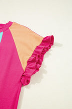 Frill Color Block Crew Neck Loose Fit T Shirt