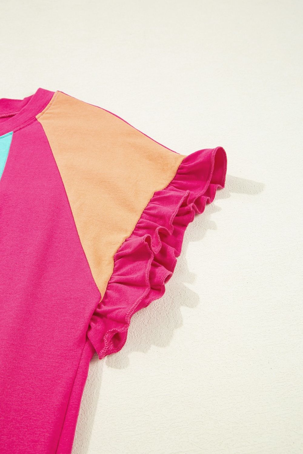 Frill Color Block Crew Neck Loose Fit T Shirt